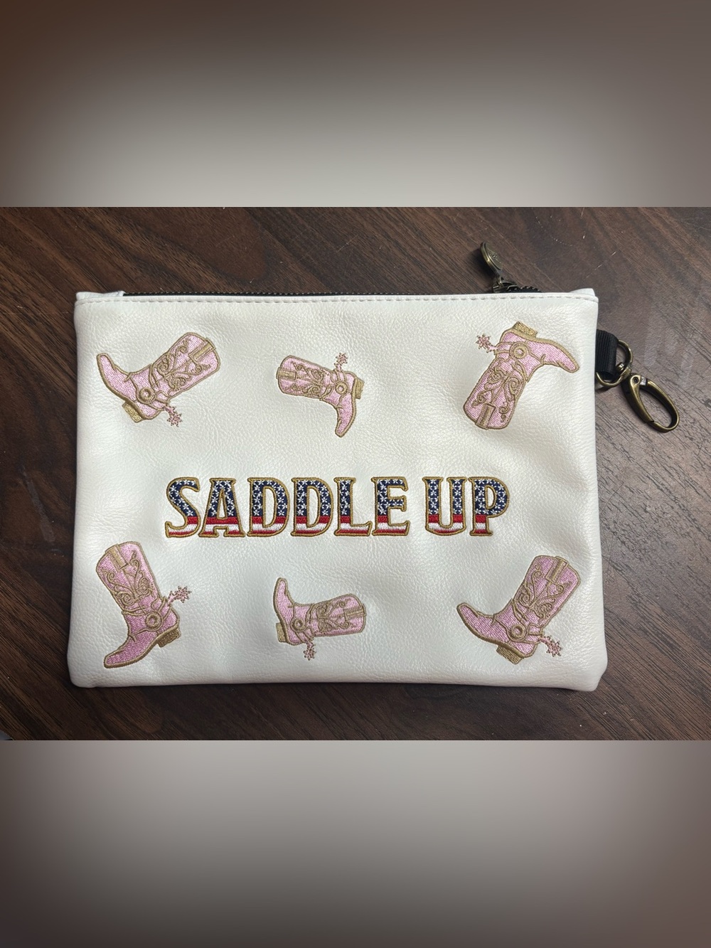 White Wristlet Clutch with Pink Boot Embroidery - Saddle Up Accent